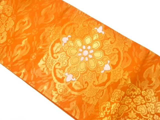 JAPANESE KIMONO / ANTIQUE FUKURO OBI / SILK / WOVEN FLORAL CREST & BIRD